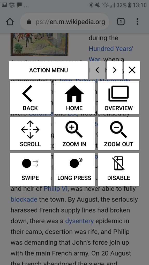 Ease Touch action menu screenshot