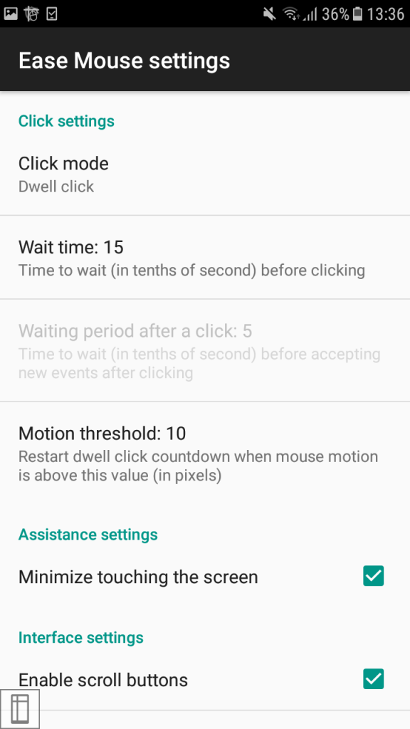 Ease Mouse screenshot featuring settings screen