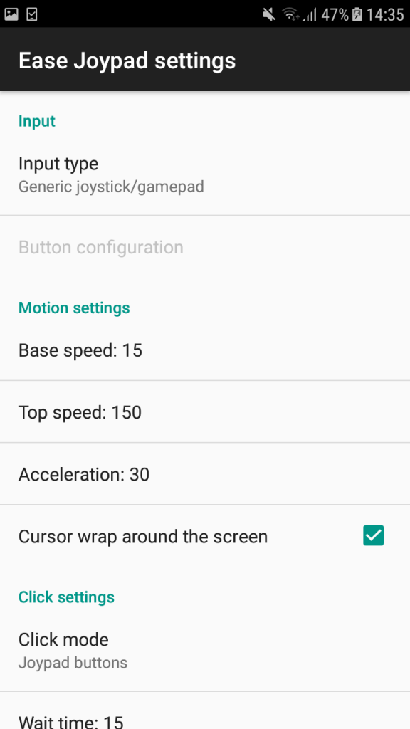 Ease Joypad settings screenshot