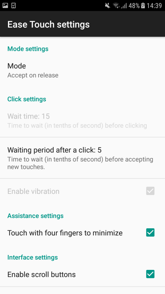 Ease Touch settings screenshot