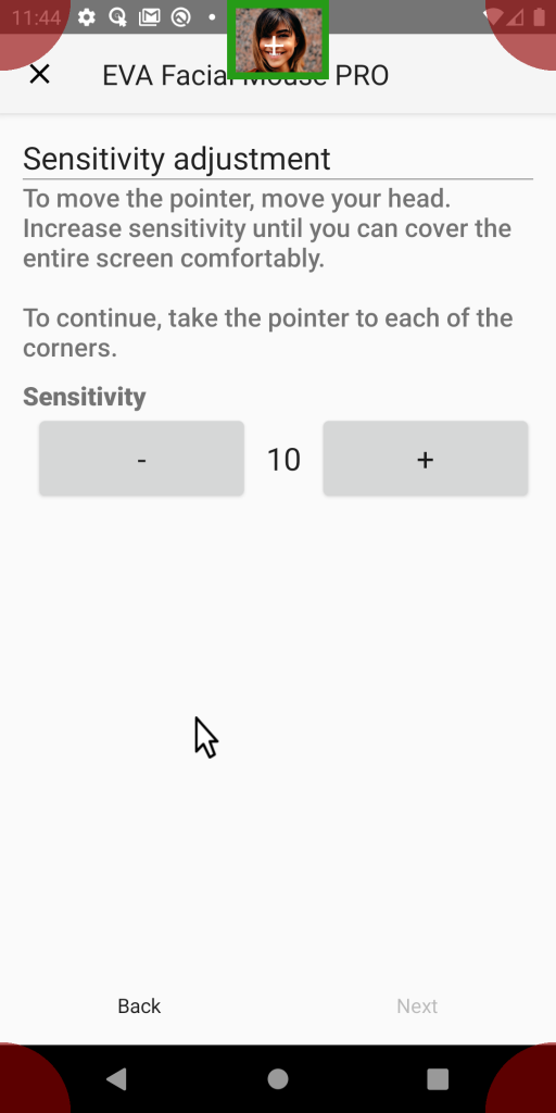 EVA PRO screenshot showing the sensitivity adjustment screen